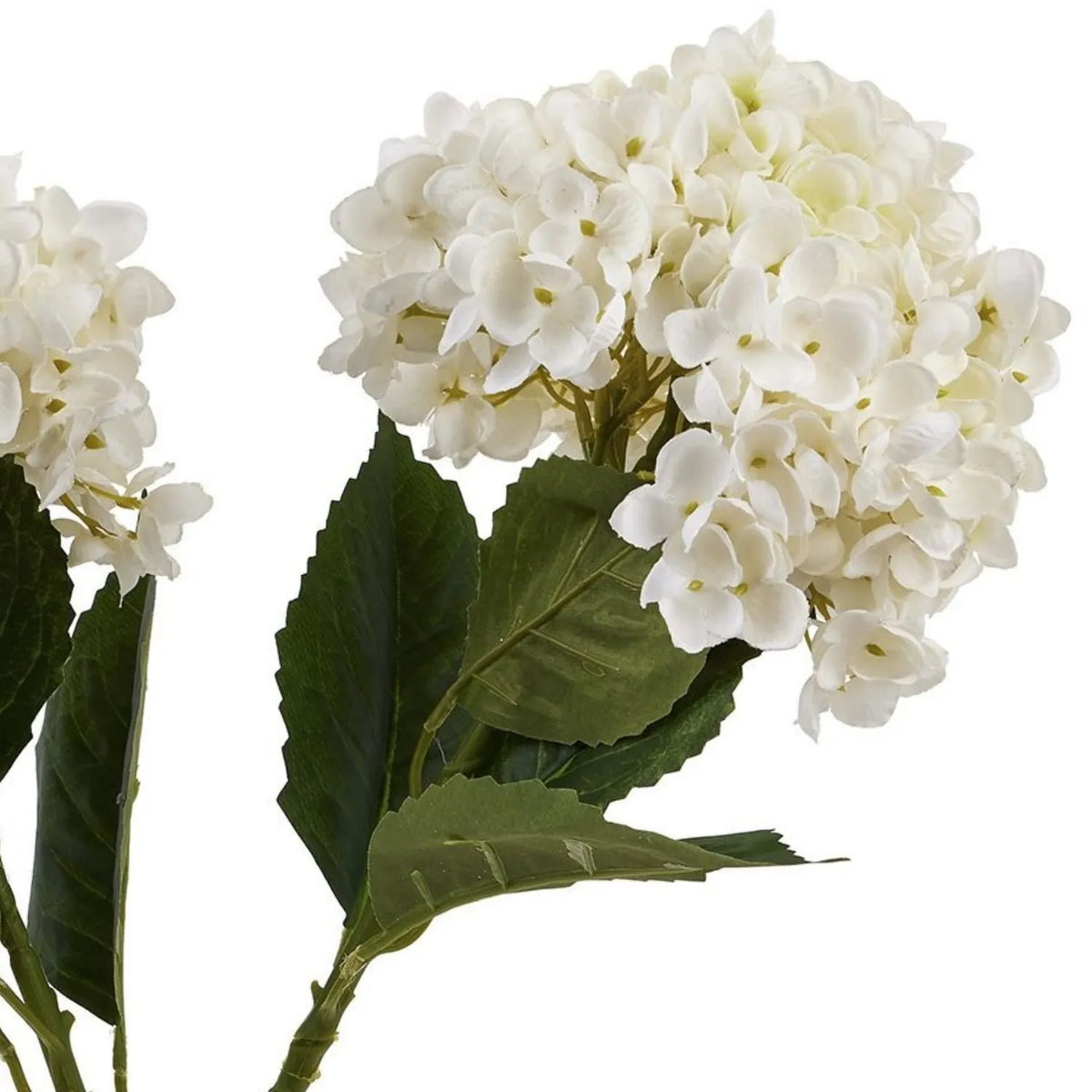 Artificial Creamy White Hydrangea Stem with Full Rounded Bloom & Realistic Green Foliage – Lifelike Faux White Hydrangea Flower 58cm – Side view of full rounded hydrangea bloom showing overlapping white florets, branching stems and textured green leaves | Click Style