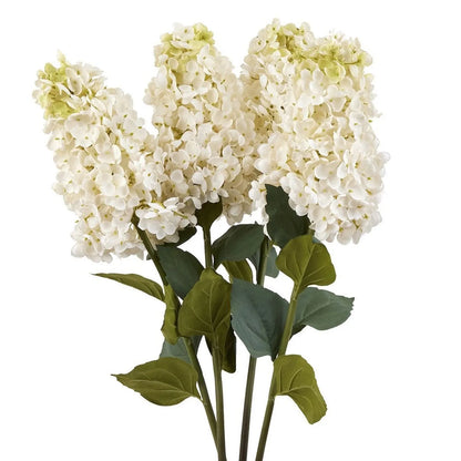 Artificial Creamy White Long Stem Spear Hydrangea with Pointed Flower Head & Realistic Green Leaves – Tall Faux Cream Hydrangea Flower 88cm Multiple Artificial Spear Hydrangea Stems Arranged Together in Clear Glass Vase | Click Style