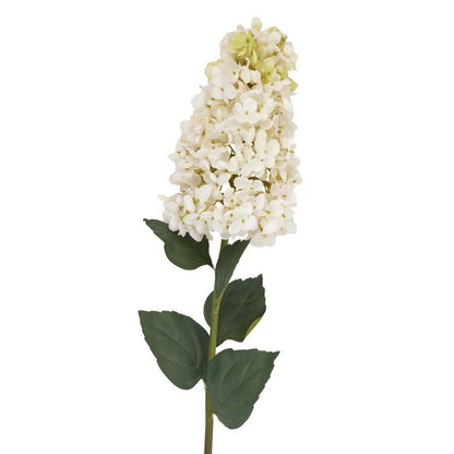 Artificial Creamy White Long Stem Spear Hydrangea with Pointed Flower Head & Realistic Green Leaves – Tall Faux Cream Hydrangea Flower 88cm Close-Up Showing Elongated Creamy White Flower Head and Realistic Dark Green Leaves | Click Style