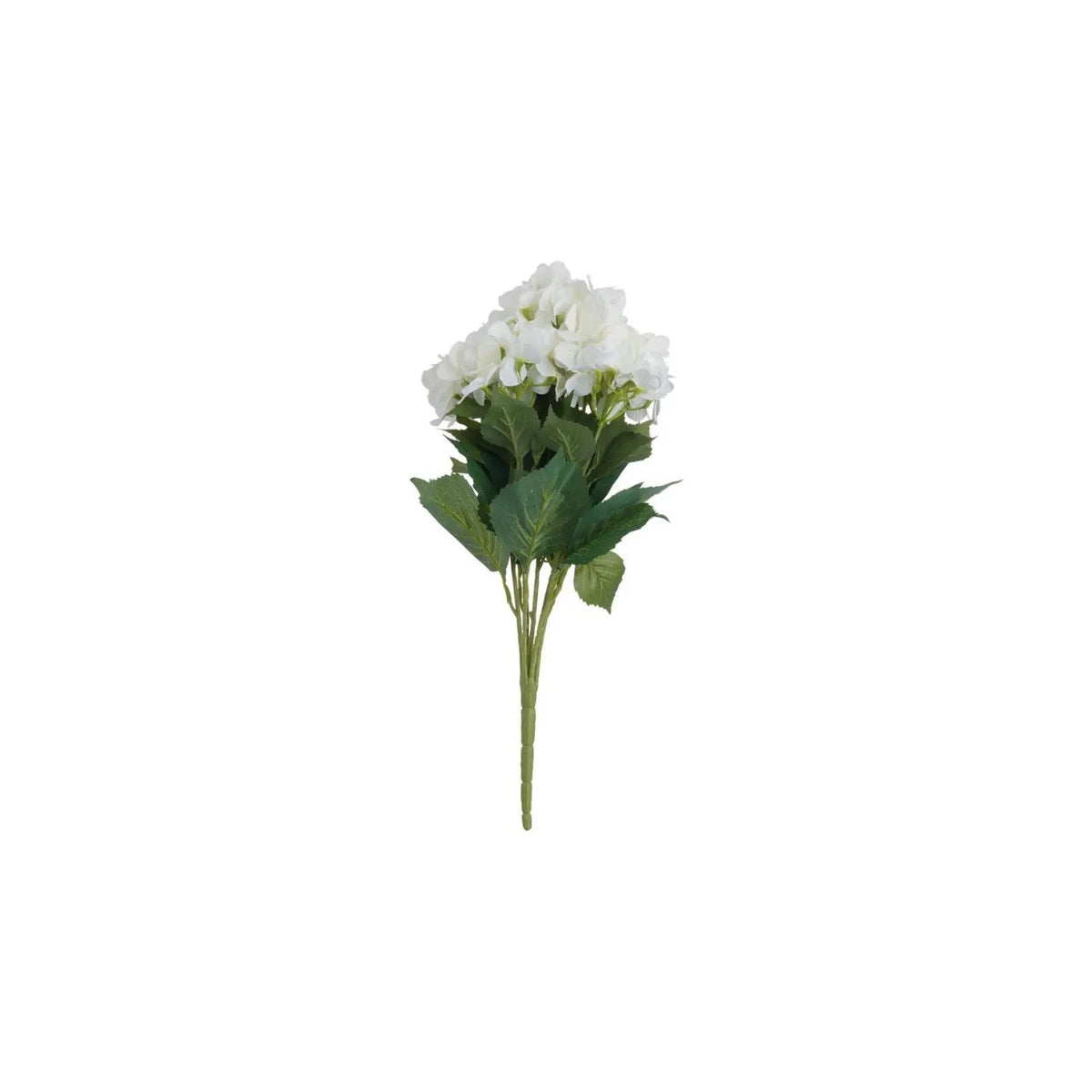 Artificial Creamy White Multi-Bloom Hydrangea Bouquet Stem with Realistic Green Foliage – Lifelike Faux Cream Hydrangea Arrangement 54x34x34cm – Full Single Bouquet Stem Showing Multiple Creamy White Flower Heads and Green Leaves | Click Style