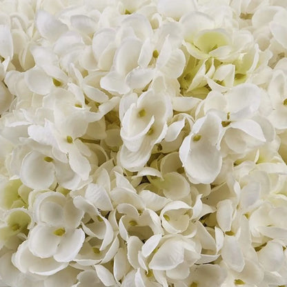 Artificial Creamy White Multi-Bloom Hydrangea Stem with Realistic Green Leaves – Lifelike Faux White Hydrangea Flower 47x23x23cm – Macro Detail of Soft Creamy White Hydrangea Flower Petals Showing Realistic Fabric Texture and Delicate Pale Green Centres | Click Style