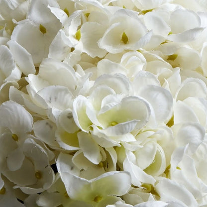 Artificial Creamy White Multi-Bloom Hydrangea Stem with Realistic Green Leaves – Lifelike Faux White Hydrangea Flower 47x23x23cm – Extreme Close-Up of Realistic White Fabric Hydrangea Petals with Soft Cream Undertones and Natural Yellow-Green Centres | Click Style