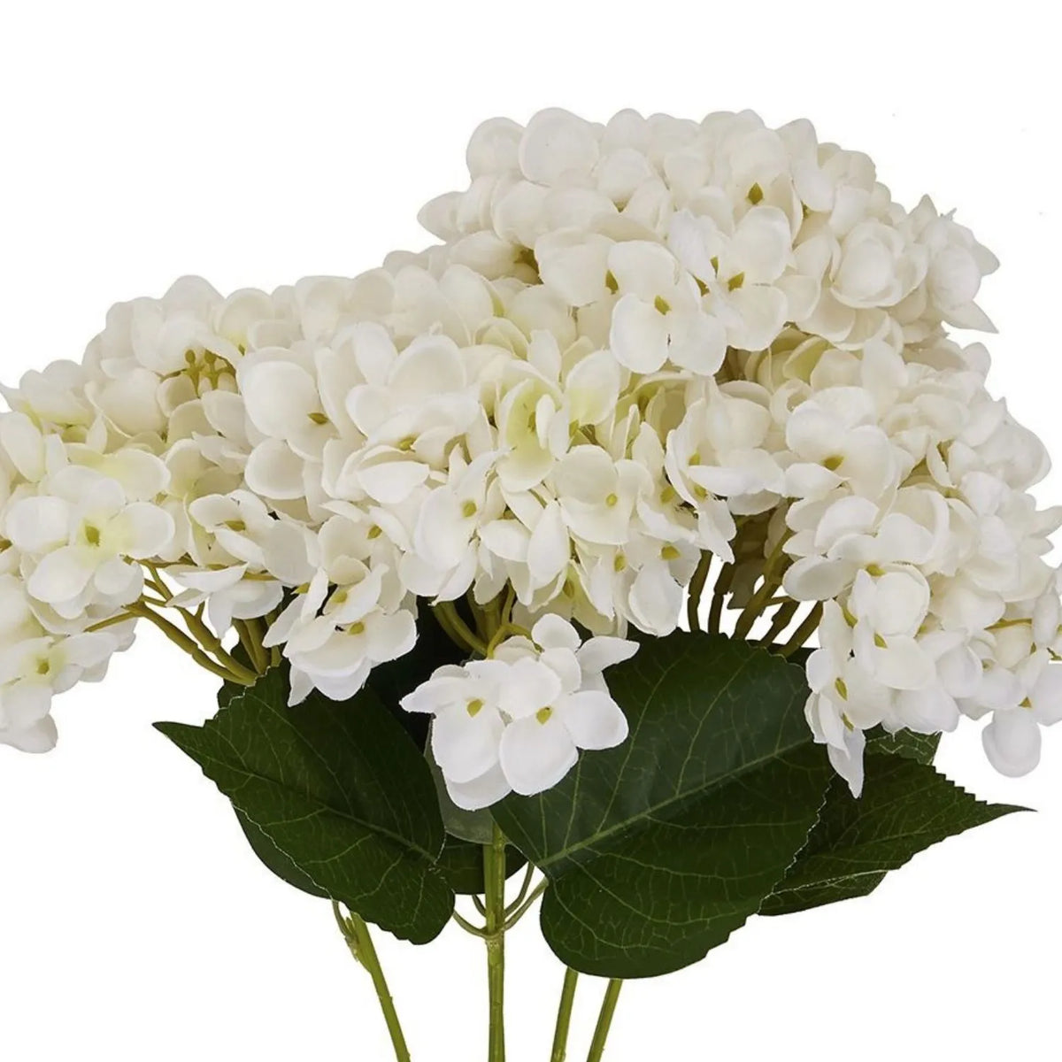 Artificial Creamy White Multi-Bloom Hydrangea Stem with Realistic Green Leaves – Lifelike Faux White Hydrangea Flower 47x23x23cm – Detailed View of the Full Multi-Bloom Hydrangea Flower Arrangement with Layered White Petals and Realistic Green Foliage | Click Style