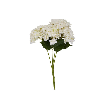 Artificial Creamy White Multi-Bloom Hydrangea Stem with Realistic Green Leaves – Lifelike Faux White Hydrangea Flower 47x23x23cm – Full Length Artificial Hydrangea Stem Showing Multiple Creamy White Flower Heads and Dark Green Leaves Against a White Background | Click Style