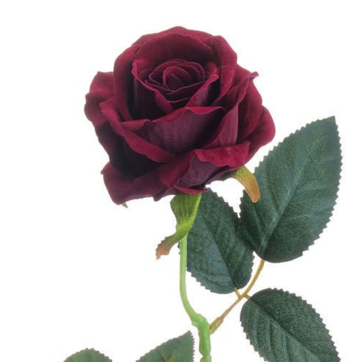 Artificial Deep Red Rose Stem with Realistic Green Foliage – Close-Up Lifelike Red Faux Rose Flower & Textured Petals 53cm | Click Style