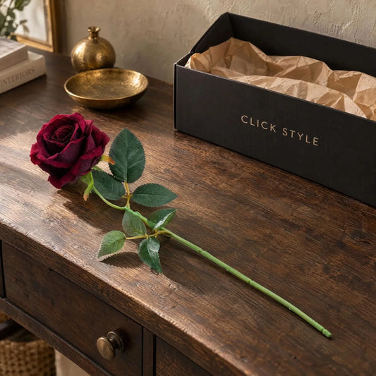 Artificial Deep Red Rose Stem with Realistic Green Foliage – Lifelike Red Faux Rose Flower 53cm – Single Stem with Click Style Parcel Box | Click Style