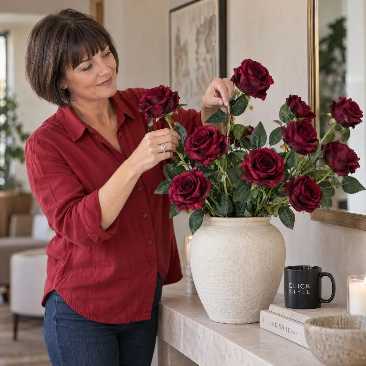 Artificial Deep Red Rose Stem with Realistic Green Foliage – Lifelike Red Faux Rose Flower 53cm – Woman Styling Deep Red Rose Arrangement | Click Style