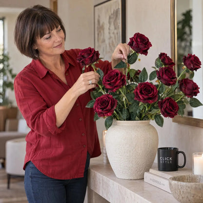 Artificial Deep Red Rose Stem with Realistic Green Foliage – Lifelike Red Faux Rose Flower 53cm – Woman Styling Deep Red Rose Arrangement | Click Style