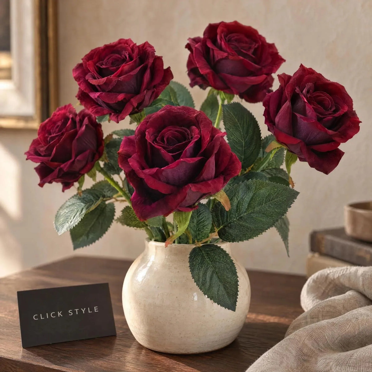 Artificial Deep Red Rose Stem with Realistic Green Foliage – Lifelike Red Faux Rose Flower 53cm – Close-Up of Layered Petals & Realistic Green Foliage | Click Style