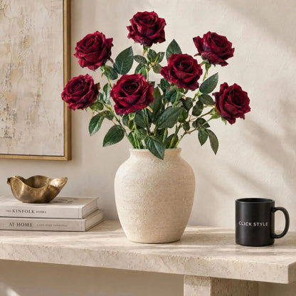 Artificial Deep Red Rose Stem with Realistic Green Foliage – Lifelike Red Faux Rose Flower 53cm – Seven Stem Arrangement in Textured Ceramic Vase | Click Style