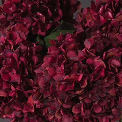 Artificial Deep Ruby Red & Burgundy Hydrangea Stem with Realistic Green Leaves – Lifelike Faux Red Hydrangea Flower 42x18x18cm – Multiple Ruby Red Hydrangea Stems Arranged Together with Green Foliage | Click Style