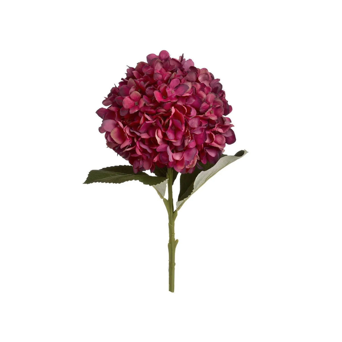 Artificial Deep Ruby Red & Burgundy Hydrangea Stem with Realistic Green Leaves – Lifelike Faux Red Hydrangea Flower 42x18x18cm – Full Single Stem with Rounded Ruby Red Flower Head and Green Serrated Leaves on White Background | Click Style