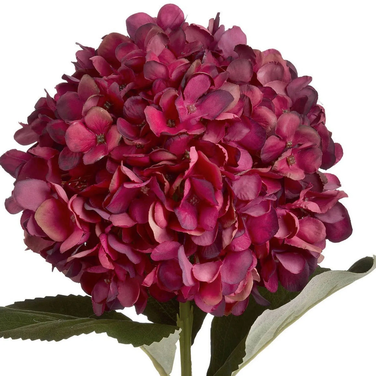 Artificial Deep Ruby Red & Burgundy Hydrangea Stem with Realistic Green Leaves – Lifelike Faux Red Hydrangea Flower 42x18x18cm – Detailed Close-Up of Ruby Red and Burgundy Hydrangea Petals with Individually Painted Colour Variations | Click Style