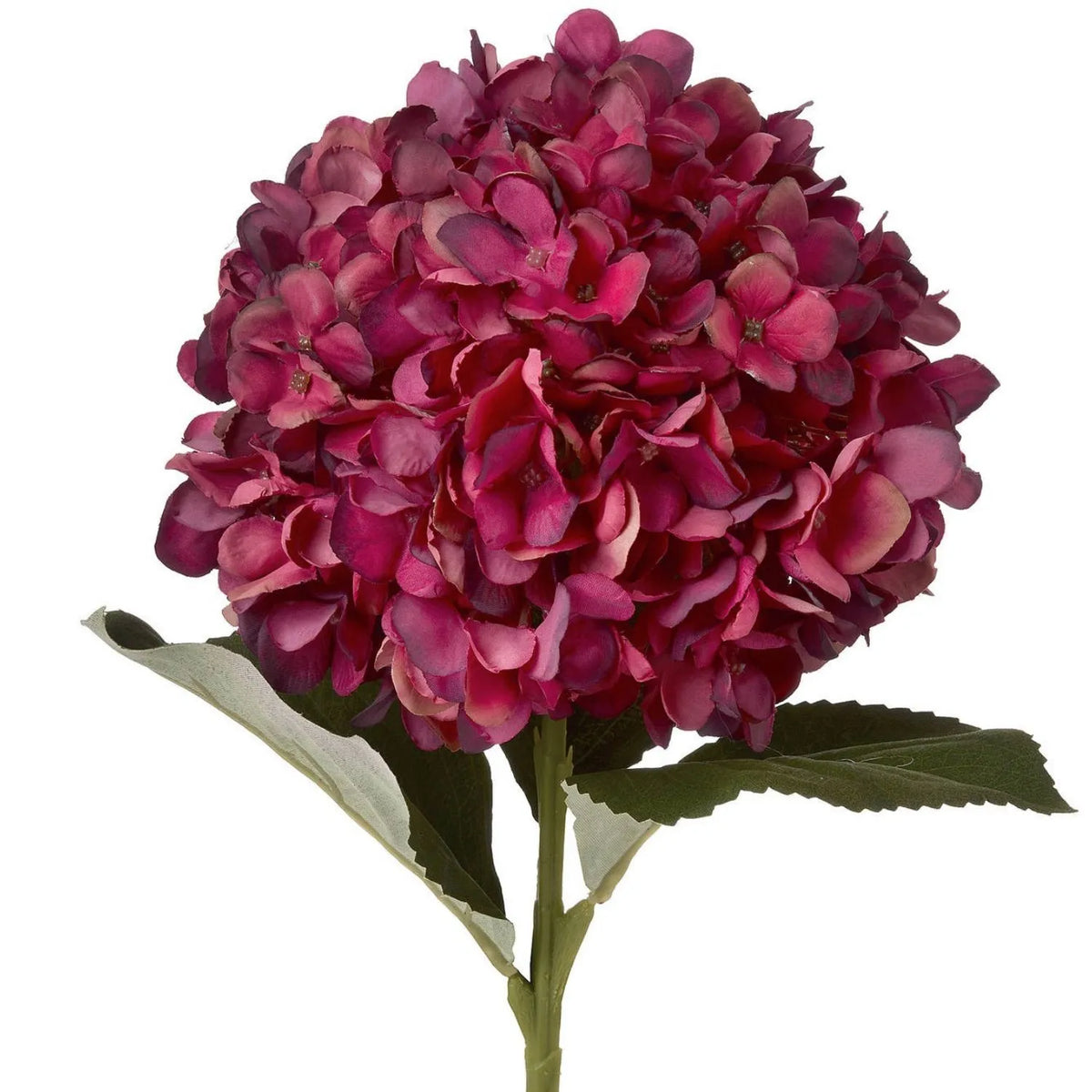 Artificial Deep Ruby Red & Burgundy Hydrangea Stem with Realistic Green Leaves – Lifelike Faux Red Hydrangea Flower 42x18x18cm – Close-Up of Rounded Ruby Red and Burgundy Hydrangea Flower Head with Realistic Green Leaves | Click Style