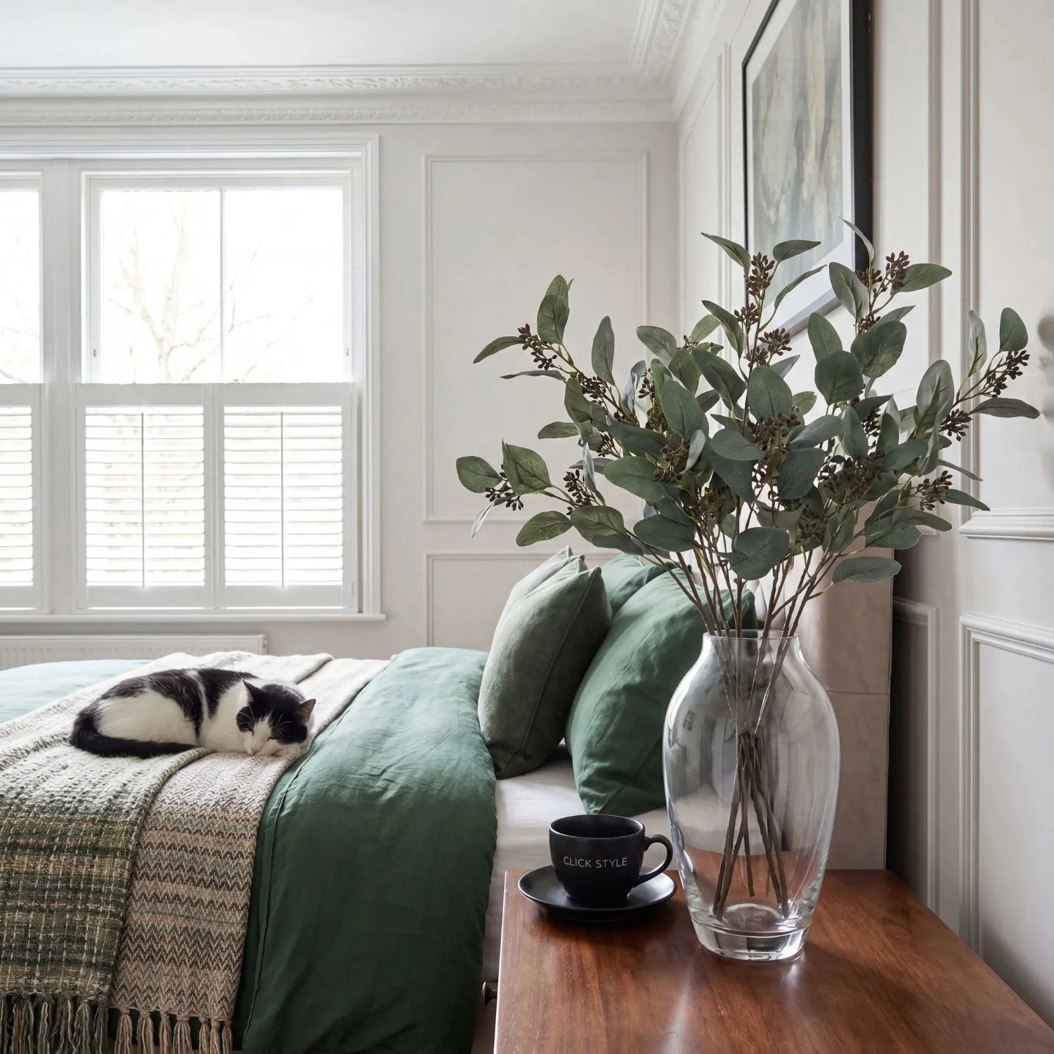 Artificial Seeded Eucalyptus Stem with Realistic Faux Eucalyptus Foliage, Grey Green Leaves and Seeded Branch for Vases, Floral Arrangements and Botanical Displays | Click Style