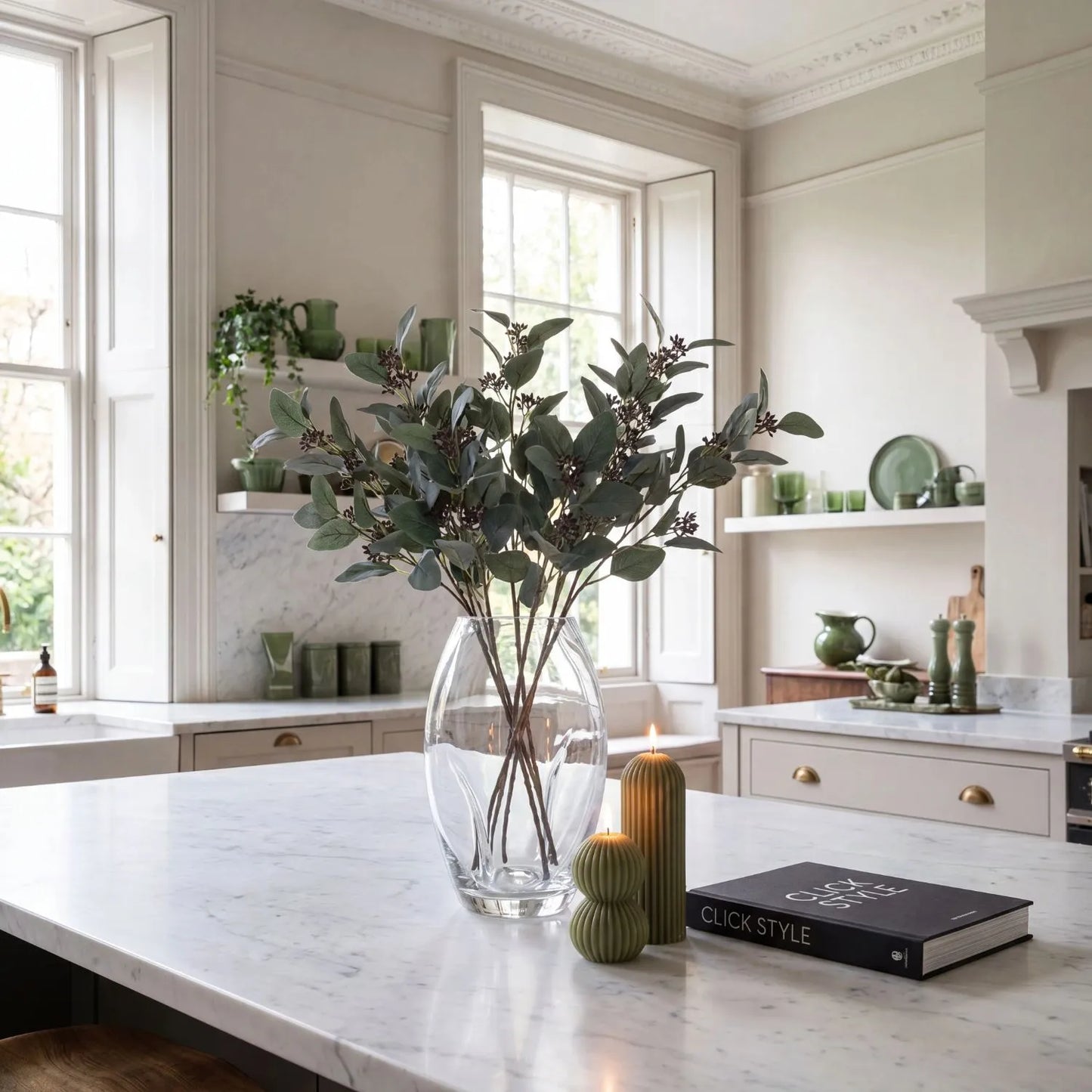 Artificial Seeded Eucalyptus Stem with Realistic Faux Eucalyptus Foliage, Grey Green Leaves and Seeded Branch for Vases, Floral Arrangements and Botanical Displays | Click Style