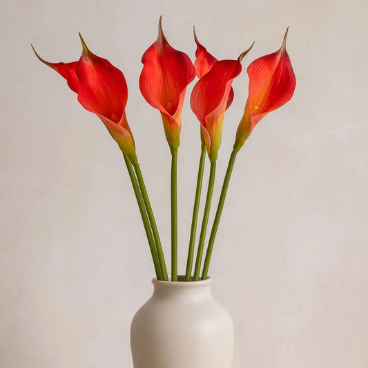 Artificial Fireglow Calla Lily Stem with Sunset Red & Orange Petal-Like Spathe – Lifelike Faux Zantedeschia Flower 70cm | Click Style