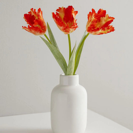 Artificial flame orange parrot tulip stem with lifelike ruffled feathered petals and realistic yellow stamens – faux flower 69cm | Click Style