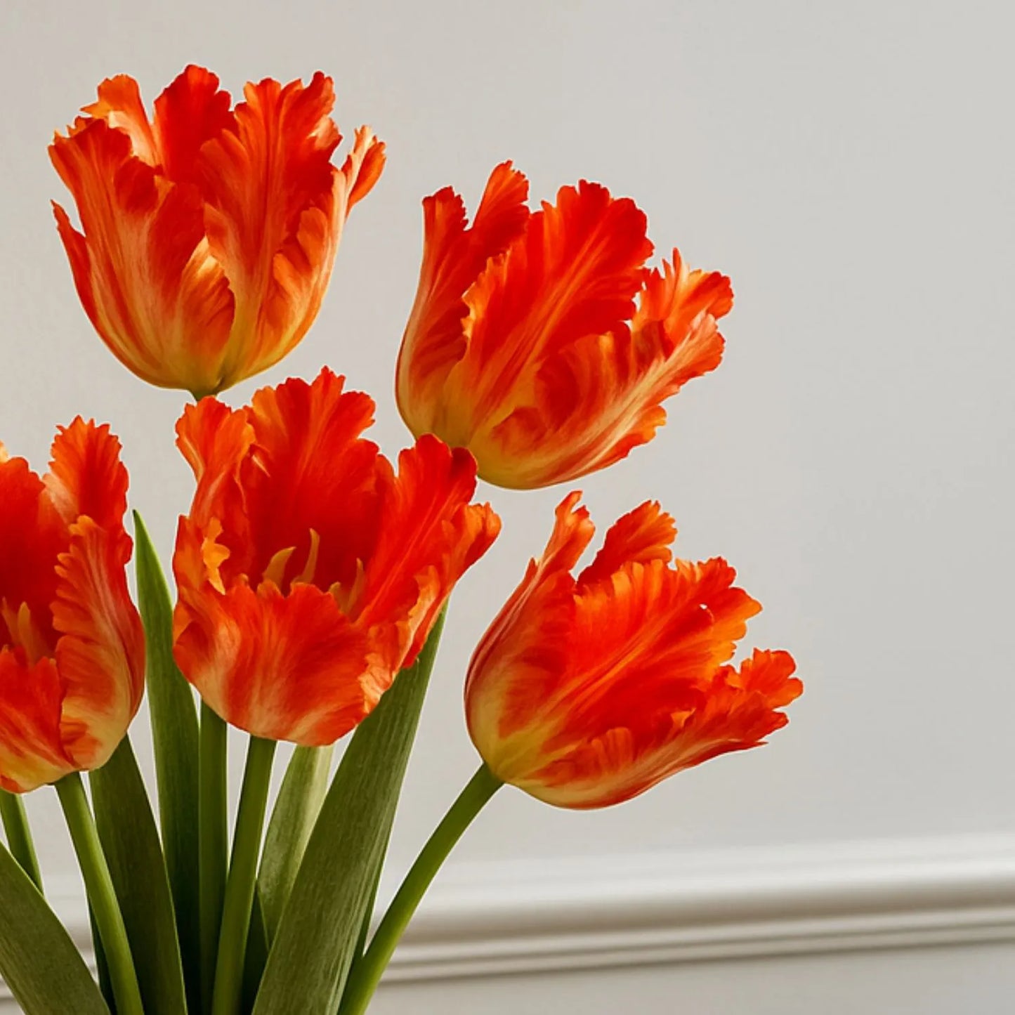 Artificial flame orange parrot tulip stem with lifelike ruffled feathered petals and realistic yellow stamens – faux flower 69cm | Click Style