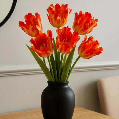 Artificial flame orange parrot tulip stem with lifelike ruffled feathered petals and realistic yellow stamens – faux flower 69cm | Click Style