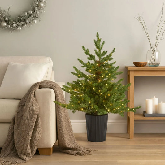 Artificial Green 3ft Pre-Lit Christmas Tree in Pot with 300 Warm White LED Lights – Potted Faux Fir Indoor Decoration | Click Style