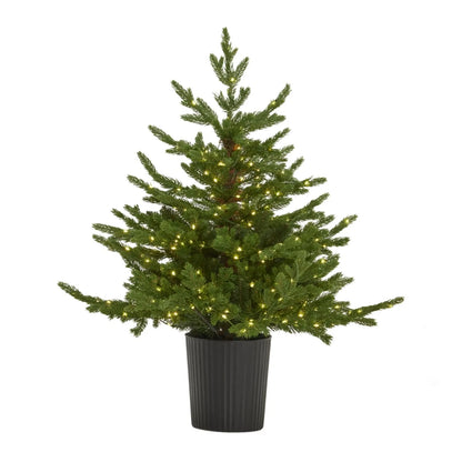 Artificial Green 3ft Pre-Lit Christmas Tree in Pot with 300 Warm White LED Lights – Potted Faux Fir Indoor Decoration | Click Style