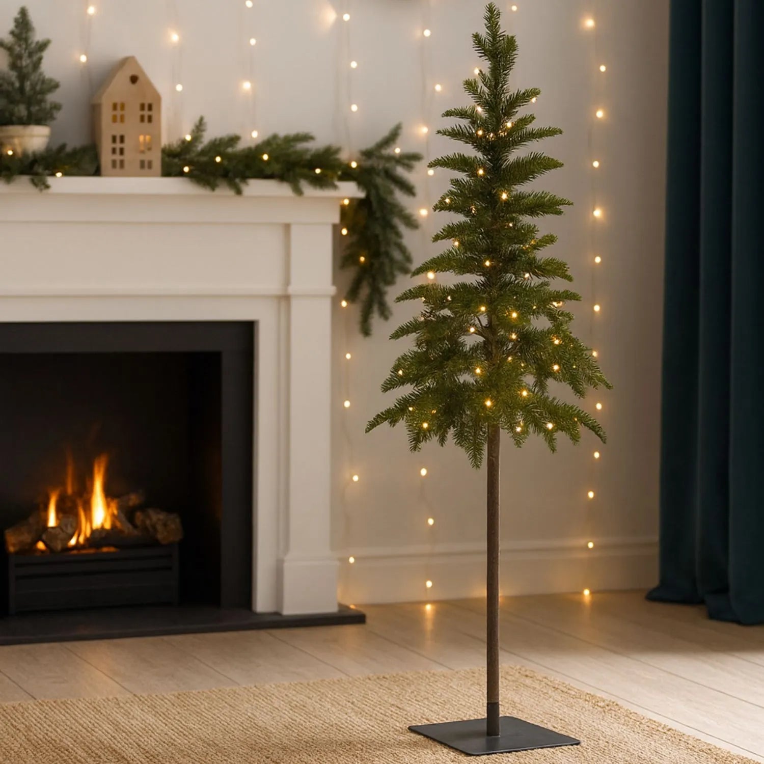 Artificial Green 4ft Pre-Lit Christmas Tree with 200 Warm White LED Lights – Slim Space-Saving Faux Fir 120x50x50cm | Click Style