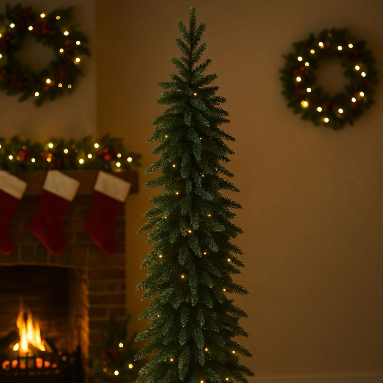 Artificial Green 7ft Slim Pre-Lit Christmas Tree with 200 Warm White LED Lights in Festive Living Room by Fireplace | Space-Saving Faux Fir Xmas Tree with Neutral Décor & Garlands | Click Style