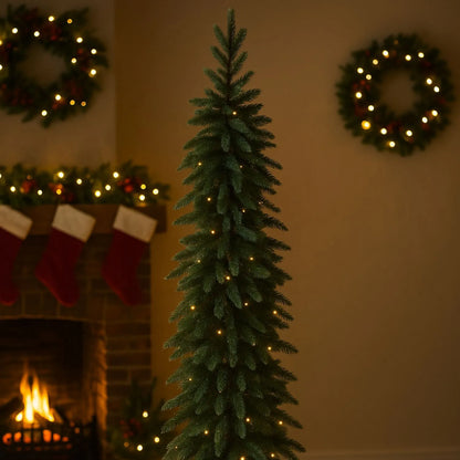 Artificial Green 7ft Slim Pre-Lit Christmas Tree with 200 Warm White LED Lights in Festive Living Room by Fireplace | Space-Saving Faux Fir Xmas Tree with Neutral Décor & Garlands | Click Style
