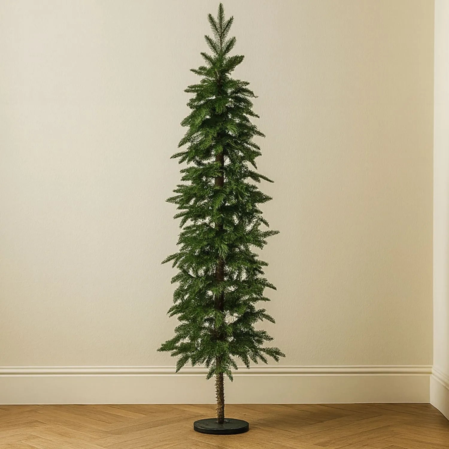 Artificial Green 7ft Slim Pre-Lit Christmas Tree with 200 Warm White LED Lights in Festive Living Room by Fireplace | Space-Saving Faux Fir Xmas Tree with Neutral Décor & Garlands | Click Style