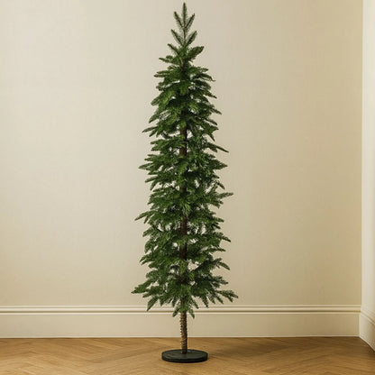 Artificial Green 7ft Slim Pre-Lit Christmas Tree with 200 Warm White LED Lights in Festive Living Room by Fireplace | Space-Saving Faux Fir Xmas Tree with Neutral Décor & Garlands | Click Style