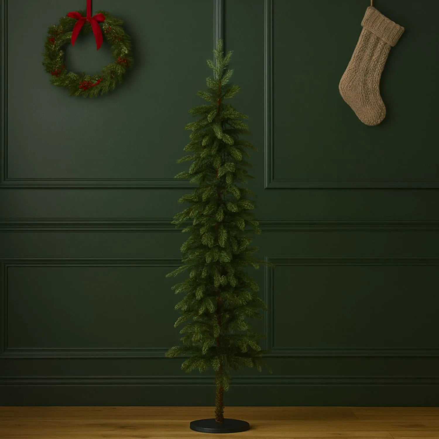 Artificial Green 7ft Slim Pre-Lit Christmas Tree with 200 Warm White LED Lights in Festive Living Room by Fireplace | Space-Saving Faux Fir Xmas Tree with Neutral Décor & Garlands | Click Style