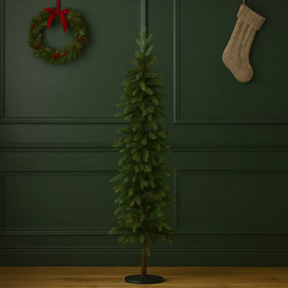 Artificial Green 7ft Slim Pre-Lit Christmas Tree with 200 Warm White LED Lights in Festive Living Room by Fireplace | Space-Saving Faux Fir Xmas Tree with Neutral Décor & Garlands | Click Style