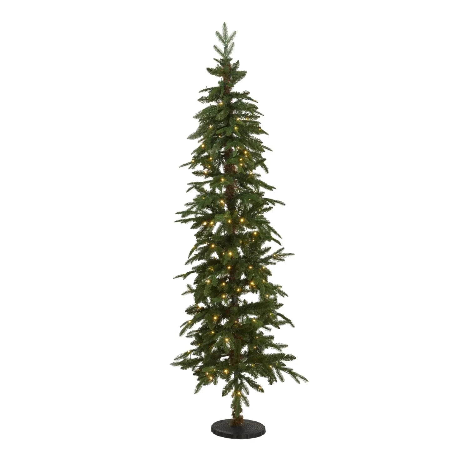 Artificial Green 7ft Slim Pre-Lit Christmas Tree with 200 Warm White LED Lights in Festive Living Room by Fireplace | Space-Saving Faux Fir Xmas Tree with Neutral Décor & Garlands | Click Style