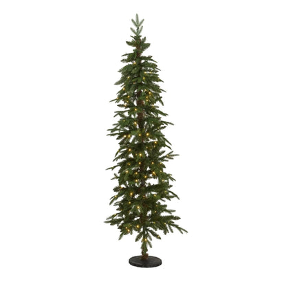 Artificial Green 7ft Slim Pre-Lit Christmas Tree with 200 Warm White LED Lights in Festive Living Room by Fireplace | Space-Saving Faux Fir Xmas Tree with Neutral Décor & Garlands | Click Style