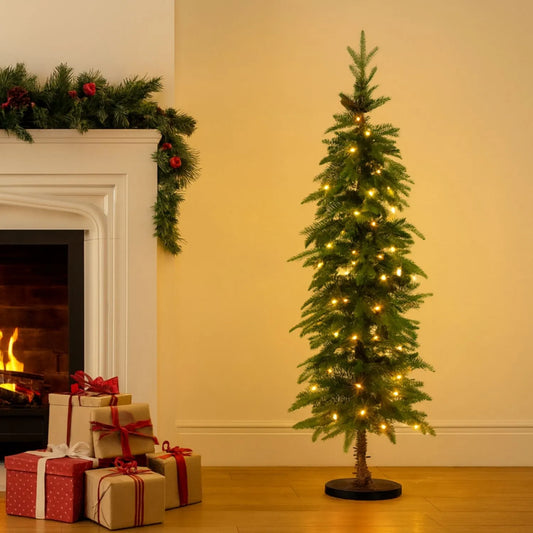 Artificial Green 7ft Slim Pre-Lit Christmas Tree with 200 Warm White LED Lights in Festive Living Room by Fireplace | Space-Saving Faux Fir Xmas Tree with Neutral Décor & Garlands | Click Style