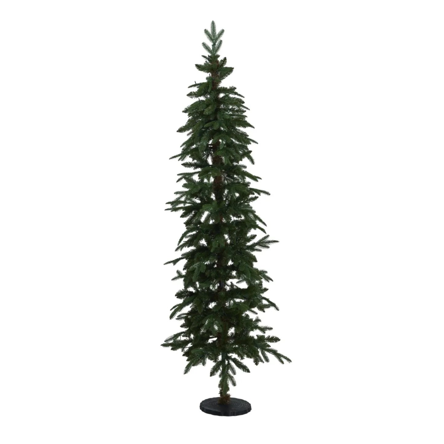 Artificial Green 7ft Slim Pre-Lit Christmas Tree with 200 Warm White LED Lights in Festive Living Room by Fireplace | Space-Saving Faux Fir Xmas Tree with Neutral Décor & Garlands | Click Style