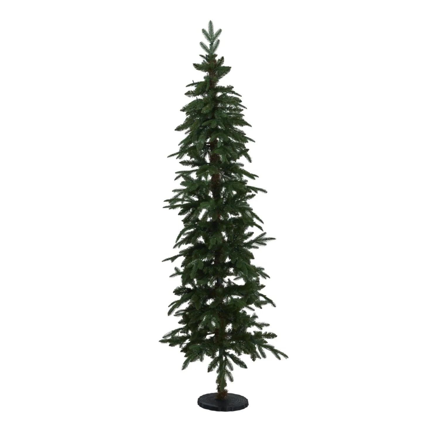 Artificial Green 7ft Slim Pre-Lit Christmas Tree with 200 Warm White LED Lights in Festive Living Room by Fireplace | Space-Saving Faux Fir Xmas Tree with Neutral Décor & Garlands | Click Style