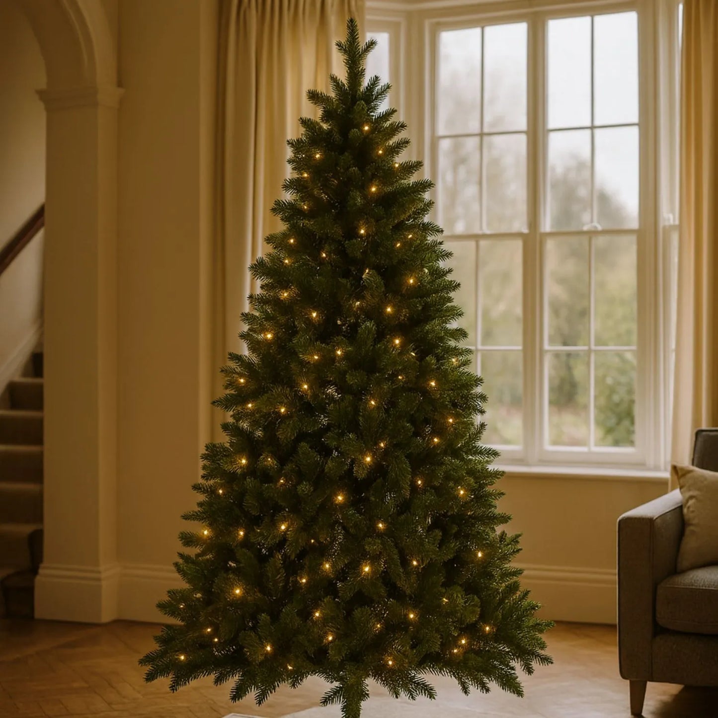 Artificial Green 7ft Pre-Lit Christmas Tree with 400 Brilliant LED Lights – Realistic Faux Forest Fir | Click Style