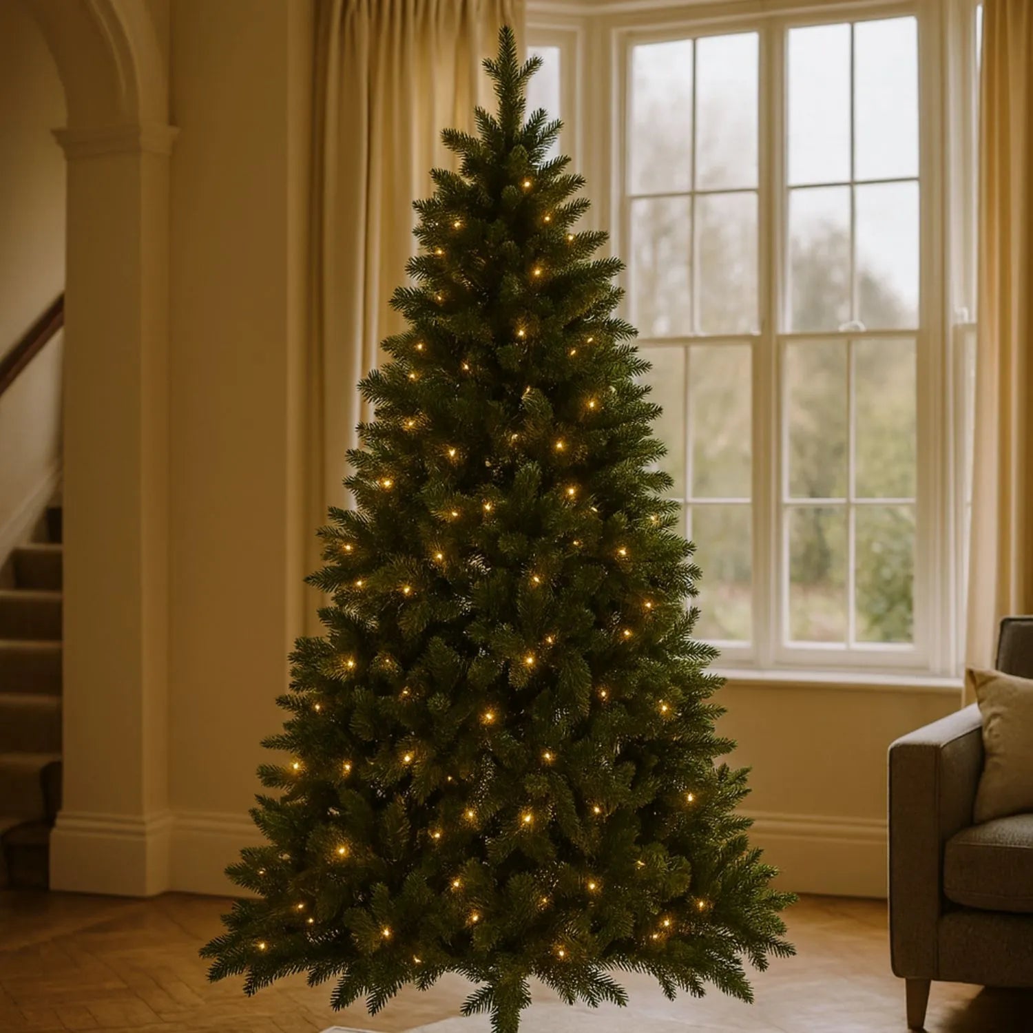 Artificial Green 7ft Pre-Lit Christmas Tree with 400 Brilliant LED Lights – Realistic Faux Forest Fir | Click Style