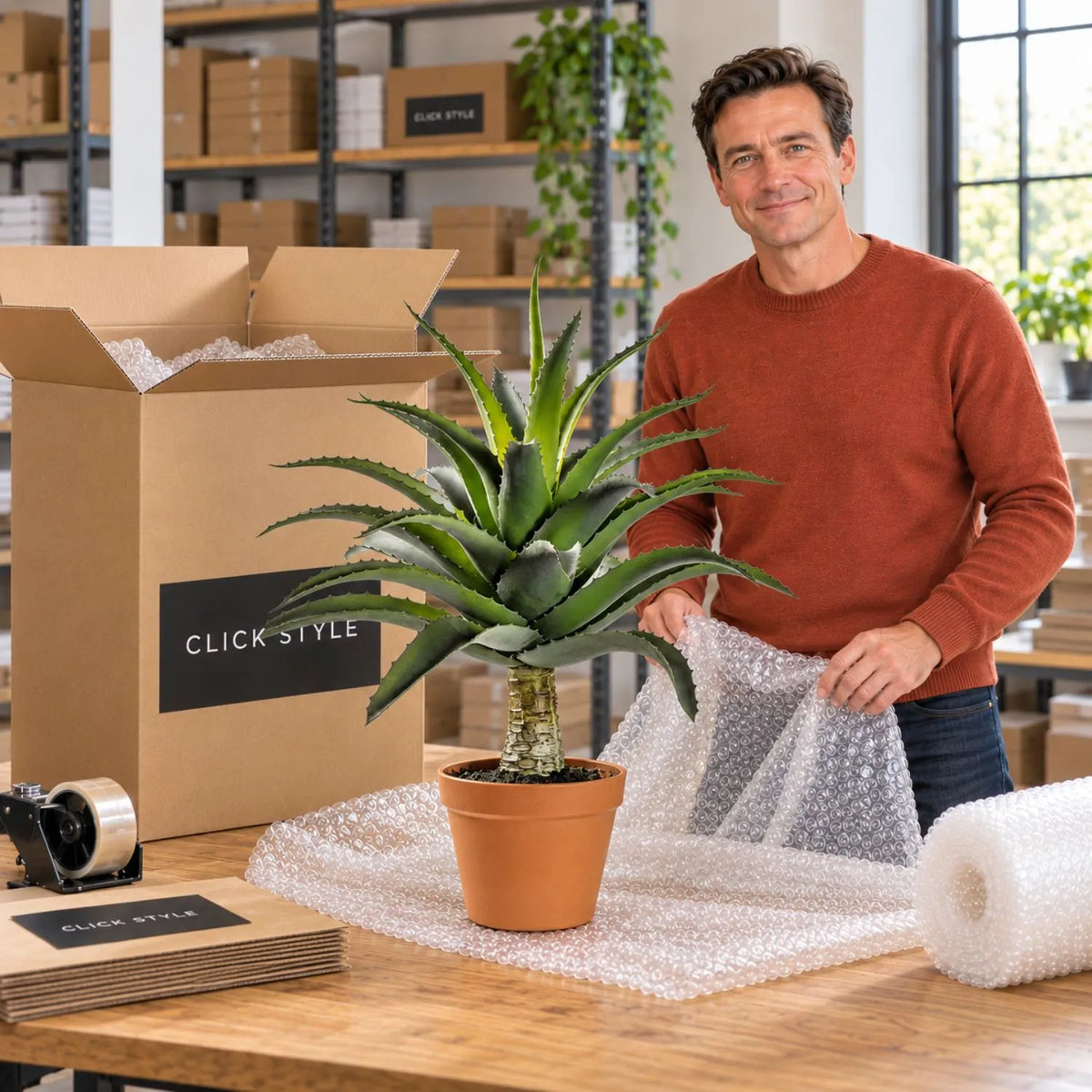 Artificial Green Agave Succulent Plant with Spiky Leaves & Textured Trunk in Terracotta Coloured Pot – Realistic Potted Faux Desert Plant 57x43x43cm shown with man in a terracotta jumper preparing protective bubble wrap beside a cardboard box with black and white CLICK STYLE branding | Click Style