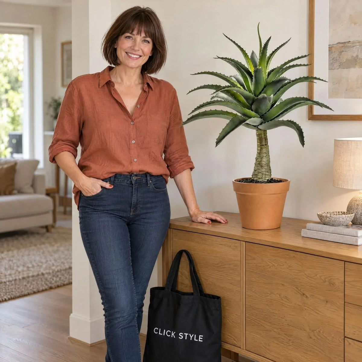 Artificial Green Agave Succulent Plant with Spiky Leaves & Textured Trunk in Terracotta Coloured Pot – Realistic Potted Faux Desert Plant 57x43x43cm displayed on an oak sideboard beside woman wearing a terracotta linen shirt and dark jeans with a black CLICK STYLE branded tote bag | Click Style
