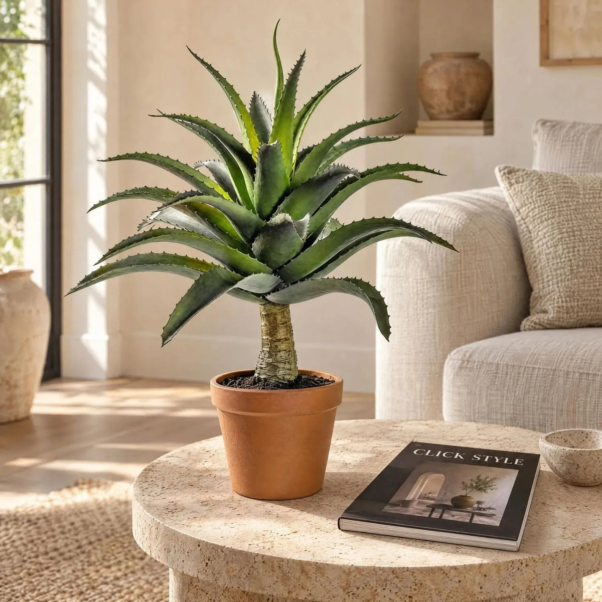 Artificial Green Agave Succulent Plant with Spiky Leaves & Textured Trunk in Terracotta Coloured Pot – Realistic Potted Faux Desert Plant 57x43x43cm styled on a round limestone coffee table in a Mediterranean-inspired living room beside a black CLICK STYLE interiors magazine | Click Style