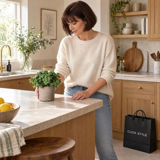 Artificial Green Basil Plant with Realistic Rounded Leaves in Rustic Stone-Effect Pot – Small Faux Potted Herb Plant 15x16x16cm being positioned by a woman in a cream cashmere jumper on a contemporary kitchen worktop | Click Style