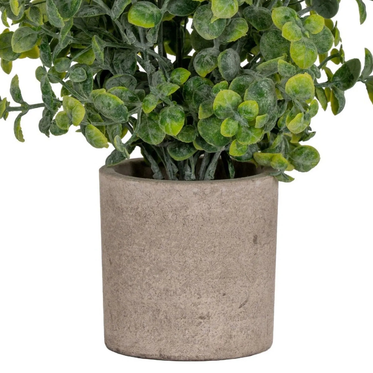 Artificial Green Eucalyptus Plant with Realistic Rounded Leaves in Rustic Stone-Effect Pot – Small Faux Potted Eucalyptus 23x19x19cm close-up showing the rustic grey-beige pot with weathered stone-effect texture | Click Style