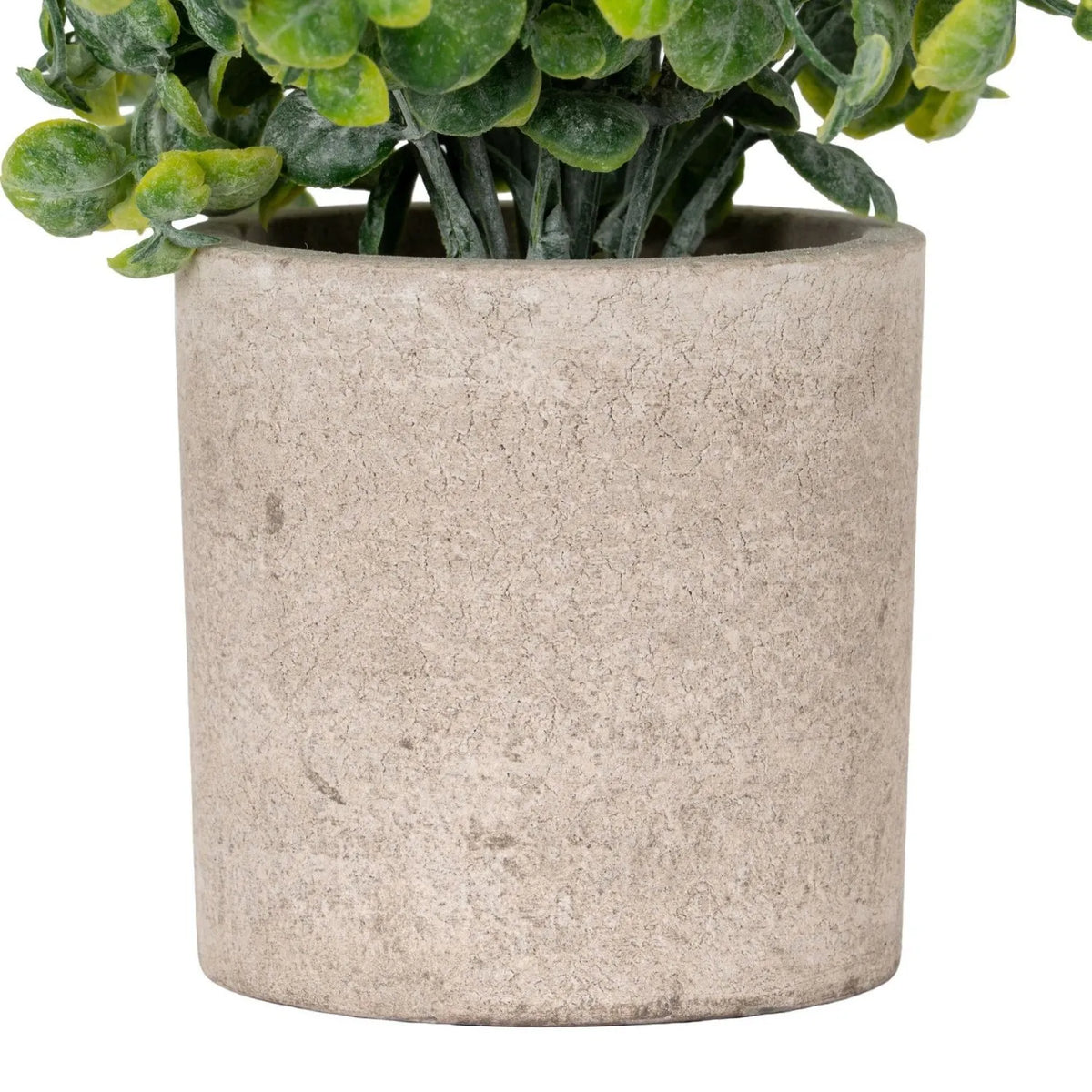 Artificial Green Eucalyptus Plant with Realistic Rounded Leaves in Rustic Stone-Effect Pot – Small Faux Potted Eucalyptus 23x19x19cm close-up showing the cylindrical stone-effect pot and lower eucalyptus stems | Click Style