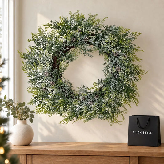 Artificial Green Frosted Pine Christmas Wreath with Pine Cones & Snow-Dusted Foliage – Round Winter Decorative Wreath 55x55x9cm hanging on a warm neutral wall above a natural oak console table with a ceramic vase, festive greenery and a black CLICK STYLE shopping bag | Click Style