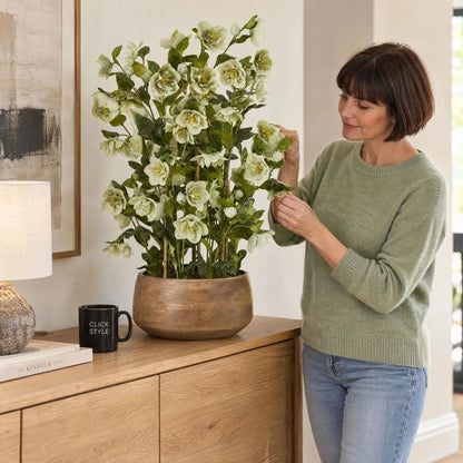 Artificial Green Hellebore Plant in Textured Taupe Pot – Realistic Green Faux Christmas Rose Flower Arrangement 85x52x52cm – Woman Styling Green Hellebore Flowers & Foliage with CLICK STYLE Mug | Click Style