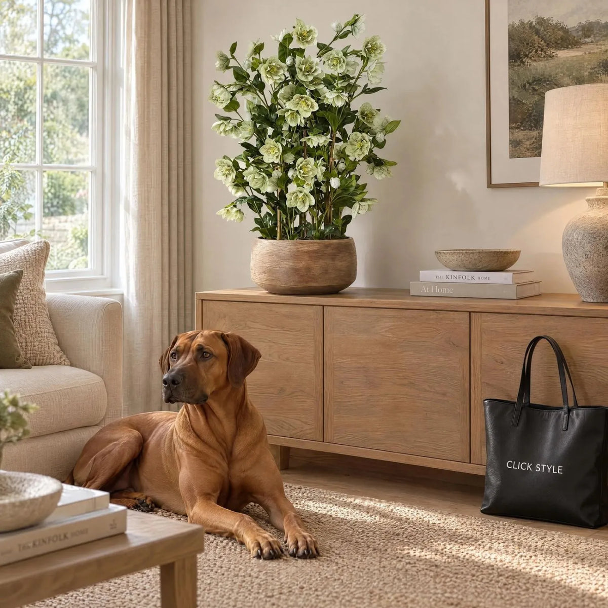 Artificial Green Hellebore Plant in Textured Taupe Pot – Realistic Green Faux Christmas Rose Flower Arrangement 85x52x52cm – Styled on Oak Sideboard with Rhodesian Ridgeback & CLICK STYLE Tote Bag | Click Style