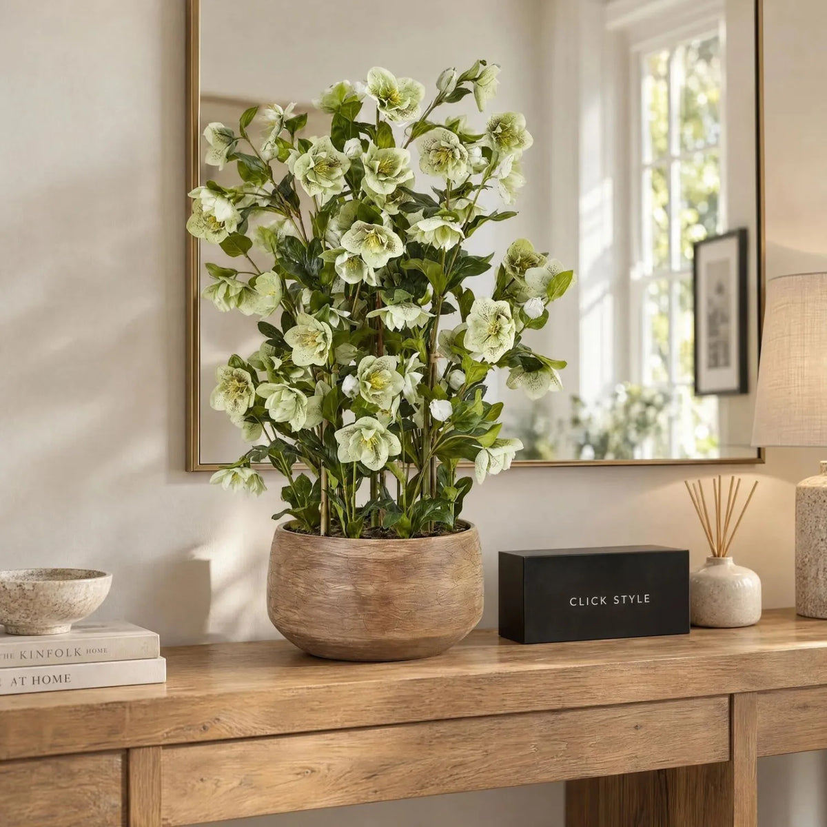 Artificial Green Hellebore Plant in Textured Taupe Pot – Realistic Green Faux Christmas Rose Flower Arrangement 85x52x52cm – Styled on Oak Console Table with Mirror & CLICK STYLE Branding | Click Style